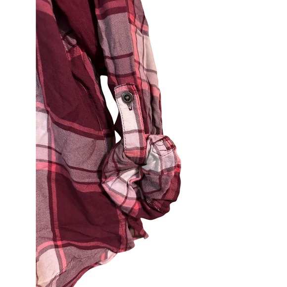 Womens Plaid Button Down Shirt Long Sleeve Burgundy Pink Lace Shoulder - Picture 2 of 9